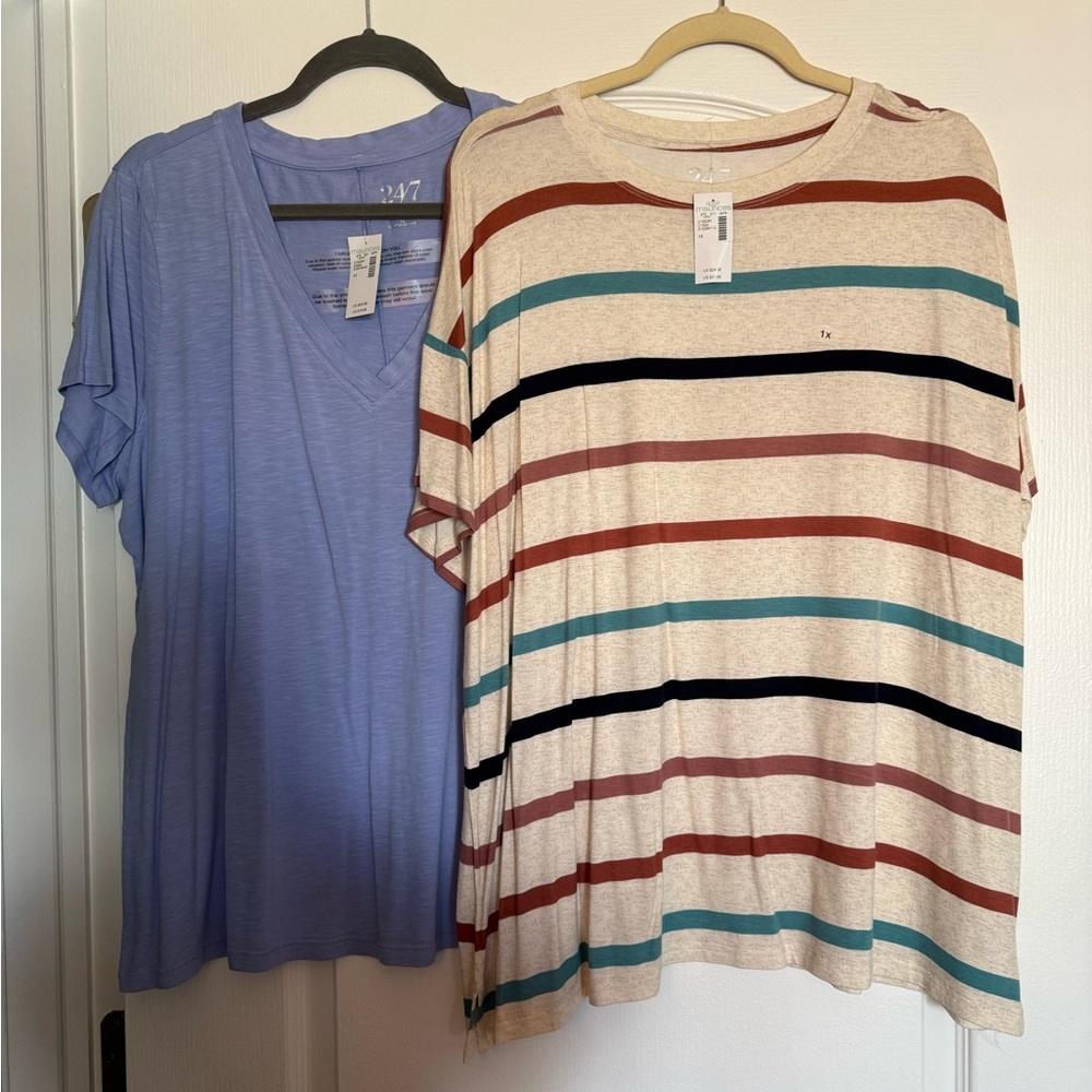 Maurices Cream Tee with Teal, Rust & Navy Stripes